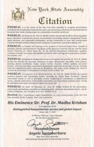 New York State Honours Global Peace Leader His Eminence Prof. Sir Dr. Madhu Krishan With Multiple Prestigious Civic Recognitions
